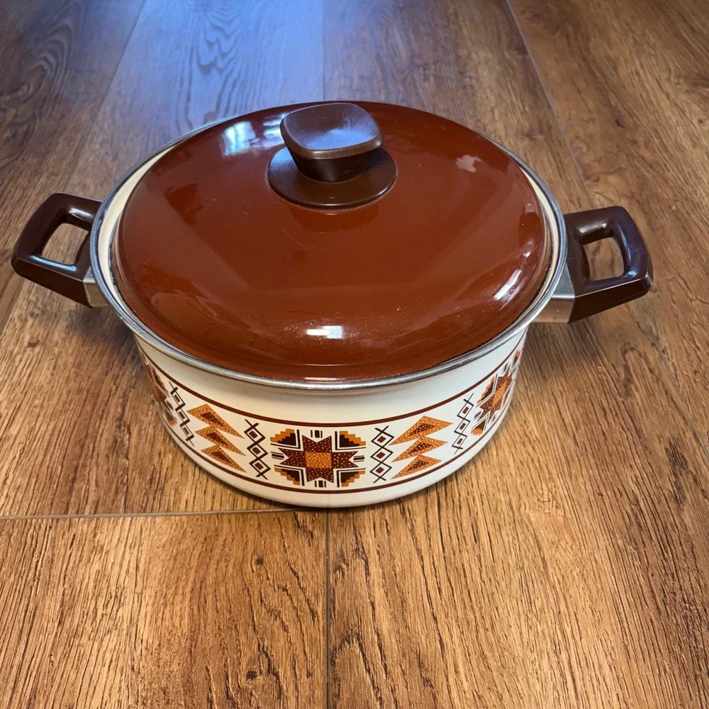 Vintage Enamel Stock Pot Made in Japan Retro 70s Geometric Brown Orange Western